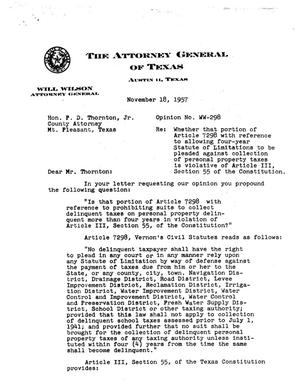 Texas Attorney General Opinion: WW-298