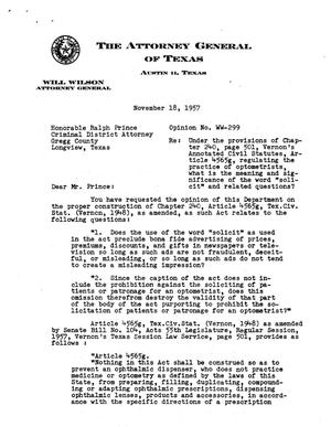 Texas Attorney General Opinion: WW-299