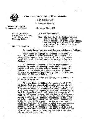 Texas Attorney General Opinion: WW-301