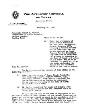 Texas Attorney General Opinion: WW-380