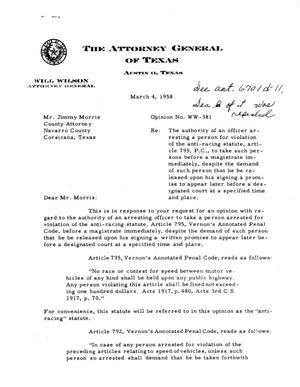 Texas Attorney General Opinion: WW-381