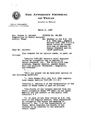 Texas Attorney General Opinion: WW-382