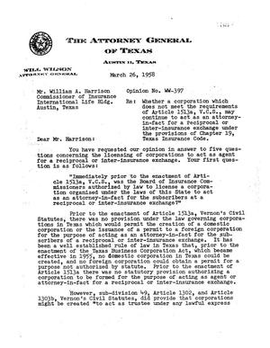 Texas Attorney General Opinion: WW-397