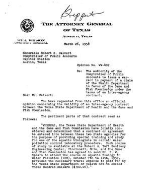 Texas Attorney General Opinion: WW-402