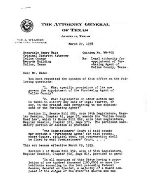 Texas Attorney General Opinion: WW-403