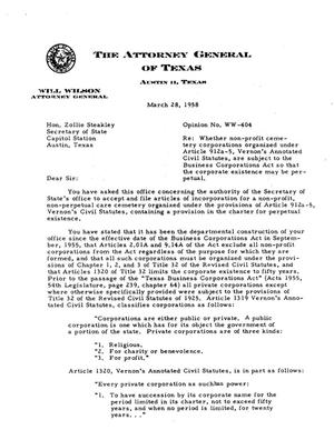 Texas Attorney General Opinion: WW-404