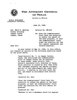 Texas Attorney General Opinion: WW-462