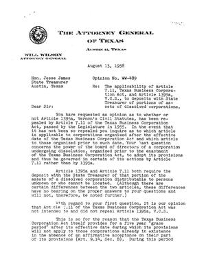 Texas Attorney General Opinion: WW-489