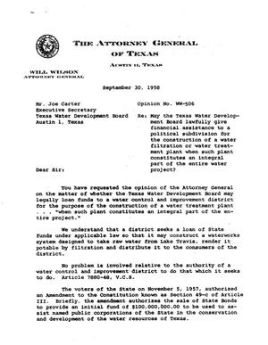 Texas Attorney General Opinion: WW-506