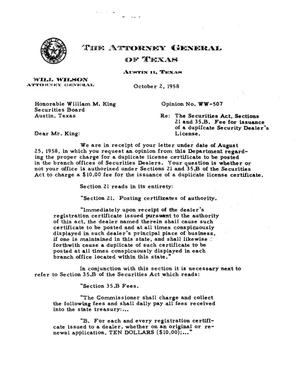Texas Attorney General Opinion: WW-507