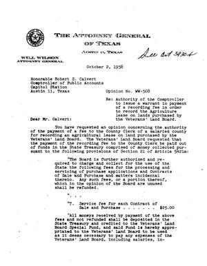 Texas Attorney General Opinion: WW-508
