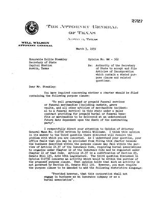 Texas Attorney General Opinion: WW-562