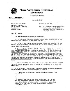 Primary view of object titled 'Texas Attorney General Opinion: WW-580'.