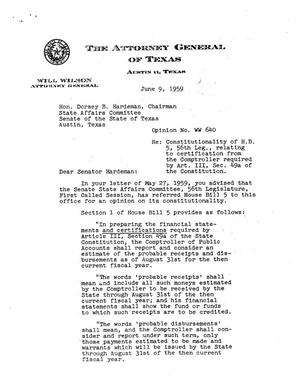 Primary view of object titled 'Texas Attorney General Opinion: WW-640'.