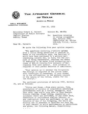 Texas Attorney General Opinion: WW-649