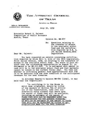 Texas Attorney General Opinion: WW-677