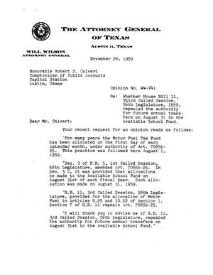 Texas Attorney General Opinion: WW-741