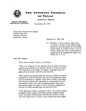 Texas Attorney General Opinion: WW-744