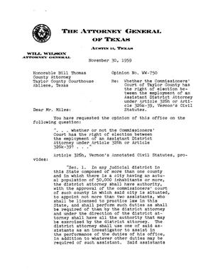 Texas Attorney General Opinion: WW-750