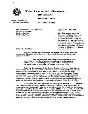 Texas Attorney General Opinion: WW-768