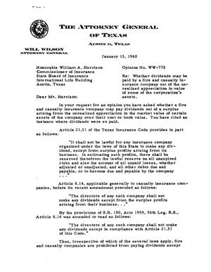 Texas Attorney General Opinion: WW-778