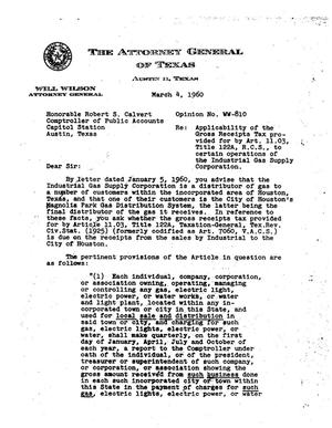 Texas Attorney General Opinion: WW-810
