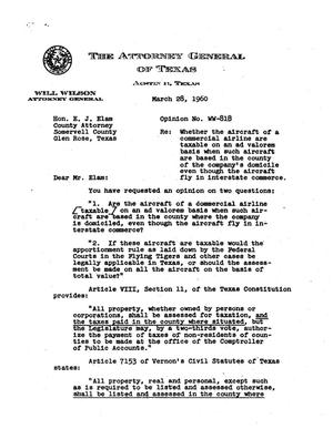 Texas Attorney General Opinion: WW-818
