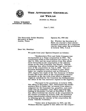 Texas Attorney General Opinion: WW-841
