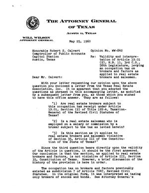 Texas Attorney General Opinion: WW-842
