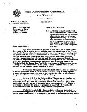 Texas Attorney General Opinion: WW-849