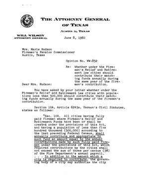 Texas Attorney General Opinion: WW-852