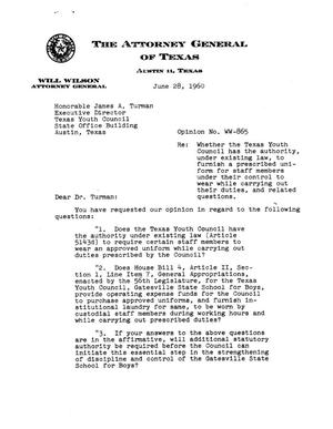 Texas Attorney General Opinion: WW-865