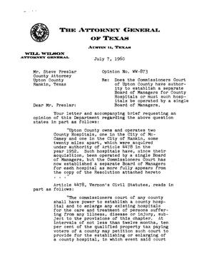 Primary view of object titled 'Texas Attorney General Opinion: WW-873'.