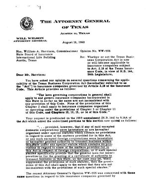 Texas Attorney General Opinion: WW-906
