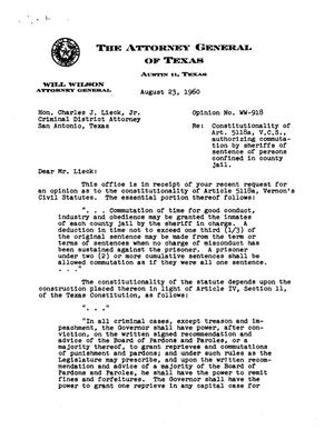 Texas Attorney General Opinion: WW-918
