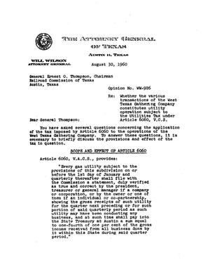 Texas Attorney General Opinion: WW-926