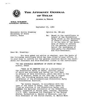Texas Attorney General Opinion: WW-943