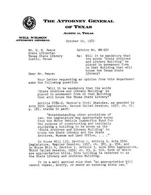 Primary view of object titled 'Texas Attorney General Opinion: WW-950'.