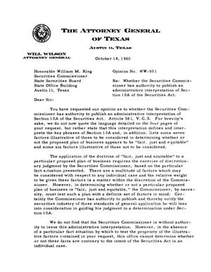 Texas Attorney General Opinion: WW-951