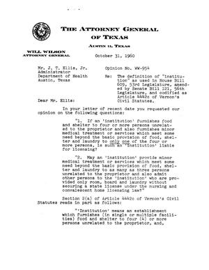 Texas Attorney General Opinion: WW-954