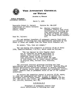 Texas Attorney General Opinion: WW-1006