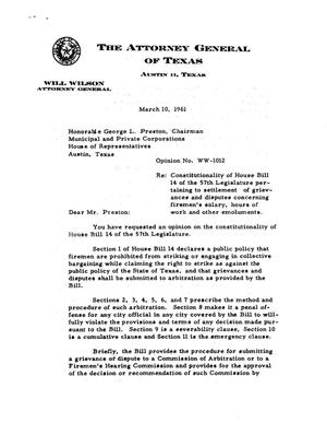 Texas Attorney General Opinion: WW-1012