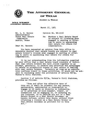 Texas Attorney General Opinion: WW-1016