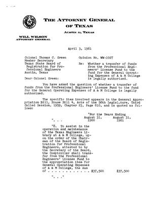 Texas Attorney General Opinion: WW-1027