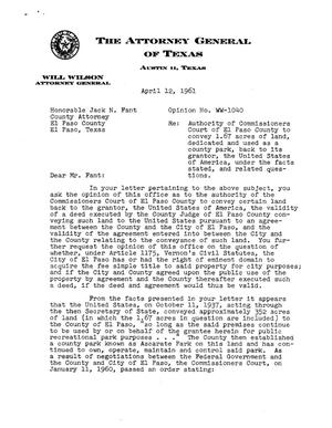 Primary view of object titled 'Texas Attorney General Opinion: WW-1040'.