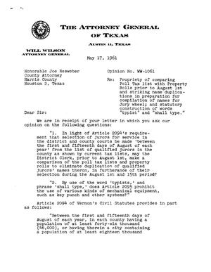 Texas Attorney General Opinion: WW-1061
