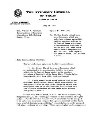 Texas Attorney General Opinion: WW-1071
