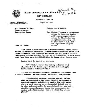 Texas Attorney General Opinion: WW-1118