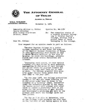 Texas Attorney General Opinion: WW-1184