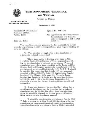 Texas Attorney General Opinion: WW-1205